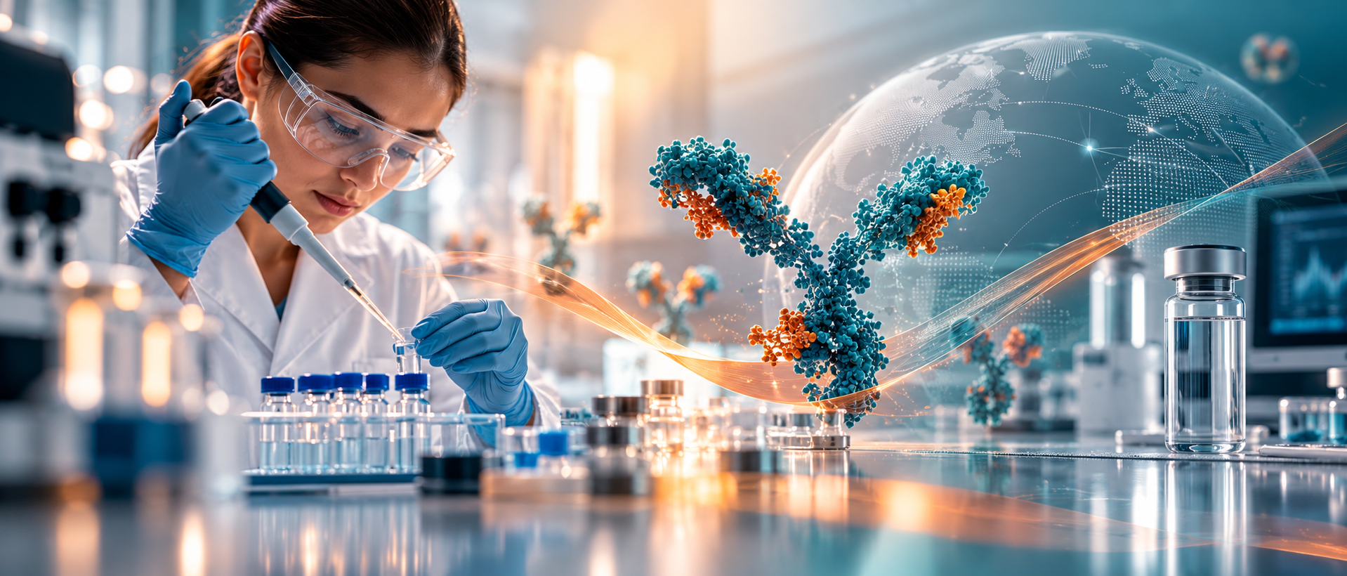 Scientists working in a modern biopharmaceutical R&D laboratory with stainless steel bioreactors and glass cleanroom architecture