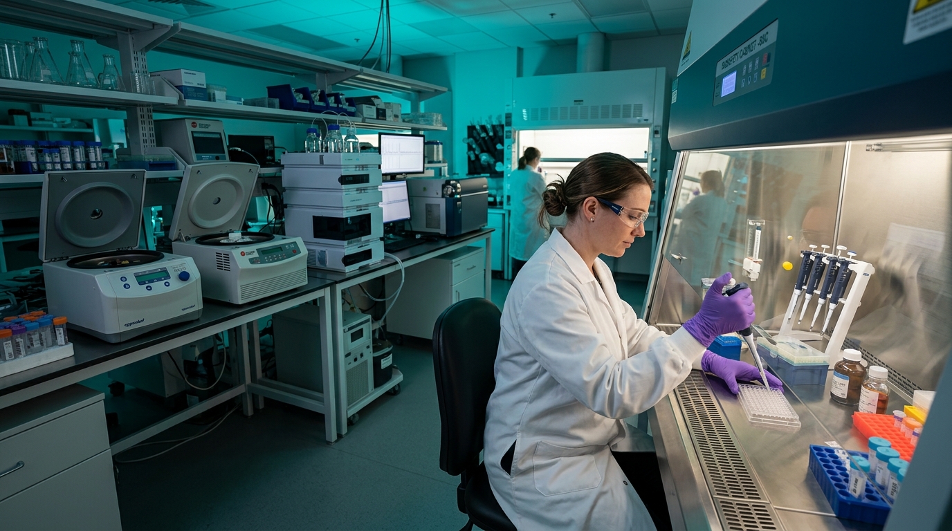 Pharmaceutical scientist reviewing analytical development data in a modern biologics laboratory