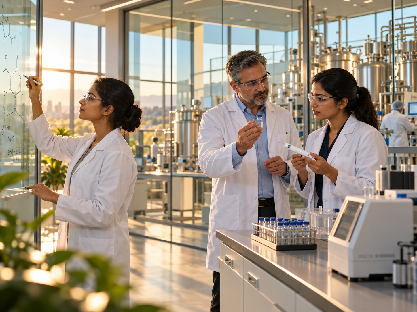 Scientists working collaboratively in a biologics formulation laboratory