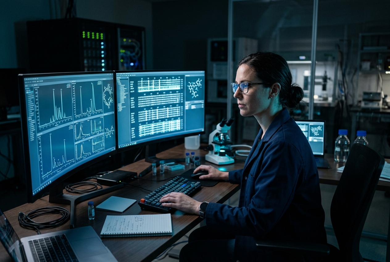 Scientific researchers reviewing molecular biology data and publications
