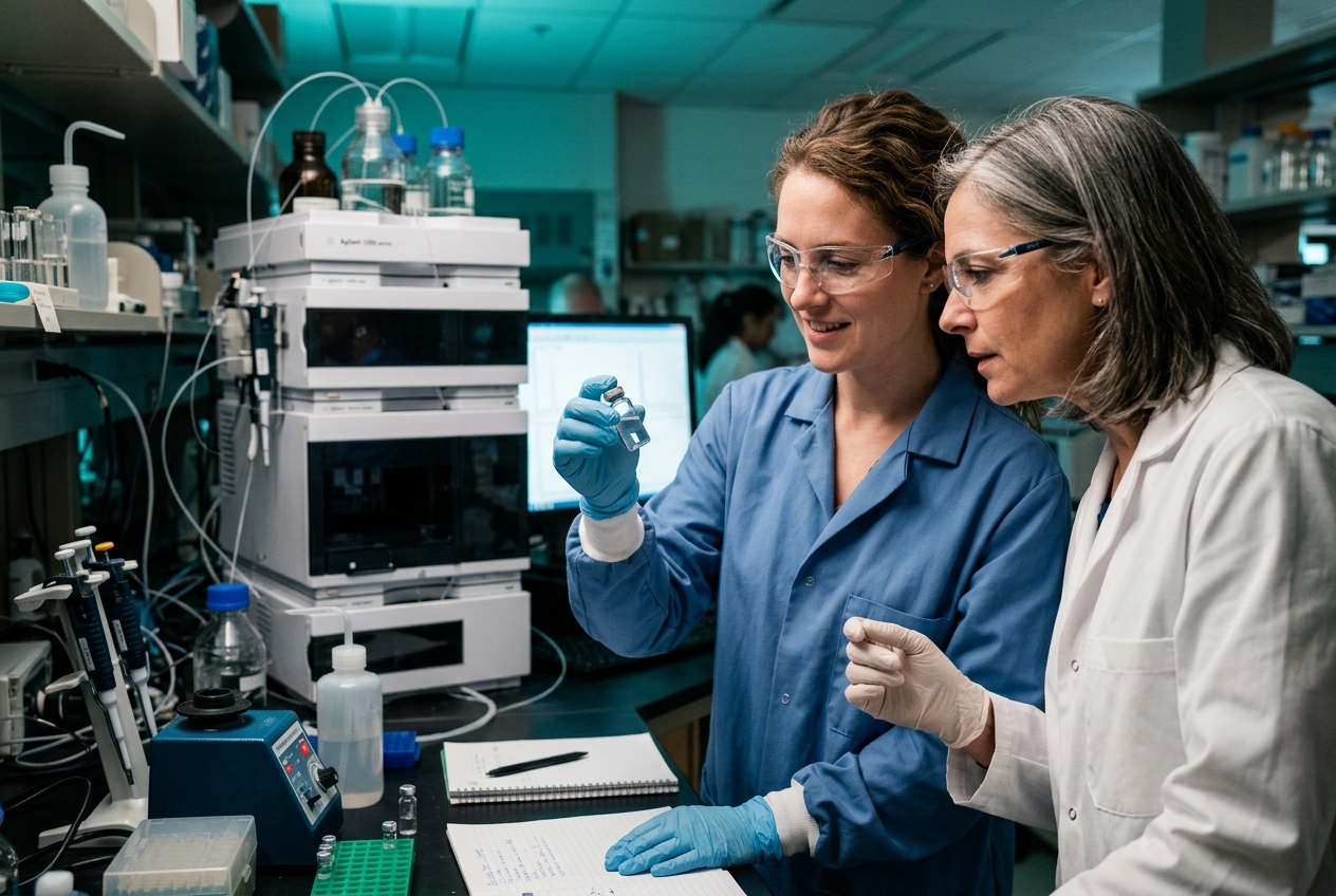 Pharmaceutical scientists collaborating in a modern biotech laboratory